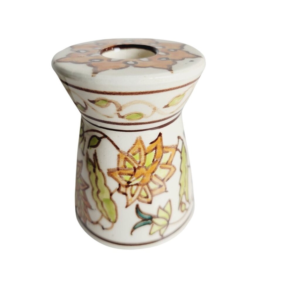 Hand-Painted Bohemian Taper Candle Holder Floral Design Signed